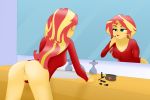  1girl ass bent_over bottomless equestria_girls female female_only friendship_is_magic lipstick lipstick_tube long_hair looking_in_mirror mirror my_little_pony no_panties partially_clothed pussy reflection solo standing sunset_shimmer sunset_shimmer_(eg) two-tone_hair 