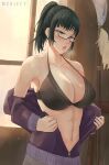  1girl 1girl 1girl belly big_breasts black_bra bra breasts clothed_female female_focus female_only getting_undressed glasses green_hair high_res indoors jacket jujutsu_kaisen long_hair looking_away mchiefy muscular muscular_female navel open_clothes open_jacket ponytail purple_jacket solo_female solo_focus stomach sweat sweatdrop sweating tagme teen undressing upper_body zenin_maki 