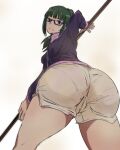  1girl arms_raised arms_up ass blunt_bangs breasts from_below glasses green_hair juju_(artist) jujutsu_kaisen large_ass long_hair looking_at_viewer plain_background ponytail presenting presenting_hindquarters pussy pussy_juice pussy_juice_trail pussy_visible_through_clothes shorts small_breasts staff sweat sweatdrop thick_ass thighs track_jacket wet_pussy white_background zenin_maki 