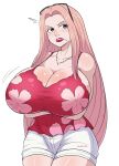  1girl 1girl arms_under_breasts big_breasts big_breasts cigarette crossed_arms female_focus female_only hina_(one_piece) huge_breasts long_hair one_piece overflowing_breasts pink_hair pinkkoffin red_lipstick short_shorts shorts sideboob smoke smoking solo_female solo_focus thick_thighs white_background white_pants 