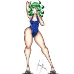  1girl arms_behind_head dilane93 female green_eyes green_hair high_heels long_legs one-piece_swimsuit one-punch_man short_hair small_breasts solo tatsumaki 