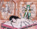  ass bdsm black_hair blush bondage dungeon feather feather_duster green_hair machine nudity panties princeofhalcyon shackles tickle_torture tickling 