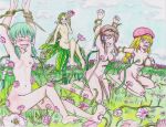  /fff armpits blonde_hair breasts feet flowers grass green_hair labyrinth_of_laughter nudity princeofhalcyon pussy tickling tummy vines 