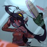  1girl 2014 bags_under_eyes brushing_teeth bunny_print chainsaw dated female_pov filia_(skullgirls) living_hair lowres mirror noill pajamas pov red_eyes reflection samson_(skullgirls) skullgirls sleepy toothbrush toothpaste 