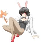  1_girl 1girl animal_ears arm_support art babe black_hair blush bow bowtie breasts bunny_ears bunny_girl bunnysuit cleavage detached_collar fan female fishnet_pantyhose fishnets high_heels holding jacket leotard looking_at_viewer pantyhose red_eyes red_high_heels shameimaru_aya shoes short_hair simple_background sitting smile solo tailcoat touhou white_background yoou_(artist) 