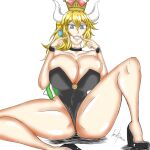  1girl big_breasts blonde_hair blue_eyes bowsette choker dilane93 female hands_up high_heels horns legs_spread long_legs mario_(series) solo super_mario_bros. thick_thighs 