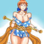  1girl big_breasts dilane93 female headband holding_weapon kimono looking_at_viewer nami nami_(one_piece) one_piece orange_hair solo thick_thighs 