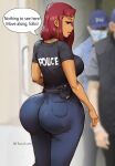 1girl 1girl 1girl ass ass big_ass big_ass breasts clothed clothing dat_ass dc_comics dialogue english_text female_only green_eyes koriand&#039;r large_ass looking_at_viewer looking_back meme open_mouth orange_body orange_skin pants phat_smash police policewoman red_hair shirt solo_female speech_bubble starfire teen_titans text thicc_french_policewoman wide_hips 