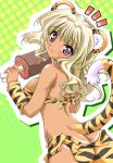  1_girl 1girl animal_ears arm art ass back bare_back bare_shoulders big_breasts blonde blonde_hair blush boned_meat breasts butt_crack dark_skin erect_nipples female food head_tilt hiroli_yasui holding large_breasts long_hair looking_at_viewer looking_back meat midriff purple_eyes shiny shiny_skin smile solo strapless tail tan tan_line tiger_ears tiger_print tiger_tail tubetop 