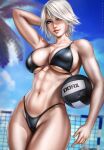  1girl abs alluring athletic_female big_breasts bikini black_bikini breasts child_bearing_hips christie_(doa) cleavage dandon_fuga dead_or_alive female_abs female_only fit_female purple_eyes short_hair tecmo thick_thighs thong thong_bikini volleyball white_hair wide_hips 