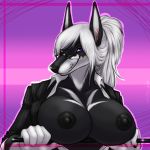 1:1_aspect_ratio 1girl 2014 5_fingers abstract_background anthro areolae big_breasts bipedal black_body black_ears black_face black_fur black_glasses black_nipples black_nose black_pupils breast_rest breasts canid canine canis cleavage clothing dark_areolae dark_body dark_fur dark_nipples dark_pupils digital_media_(artwork) doberman dog ears_up eyewear female female_only fingers fur furry glands_of_montgomery glasses hair high_resolution holding holding_object jekka large_areolae large_nipples light_hair looking_at_viewer mammal monotone_ears monotone_hair montgomery_tubercles multicolored_body multicolored_face multicolored_fur naughty_face nipples open_clothes open_shirt open_topwear original pattern_clothing pattern_topwear pince-nez pinscher pinstripe_clothing pinstripe_pattern ponytail presenting presenting_breasts pupils purple_eyes shikoku-una shikoyote shirt simple_background smile snout solo_female tied_hair topwear two-tone_fur two_tone_body two_tone_face white_body white_breasts white_face white_fur white_hair