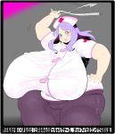  blush breasts chubby gigantic_breasts hair heterochromia nurse obese pocharu purple_hair text thick_thighs thighs translation_request 