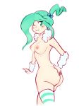  1girl :) artist_request ass blush breasts curvy earrings female from_behind green_eyes green_hair long_hair looking_at_viewer looking_back lucia_(pokemon) nintendo nipples nude pokemon pokemon_(game) pokemon_oras smile smiling solo standing striped_socks thighhighs wide_hips wink winking 