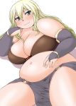  1girl bbw belly big_breasts blonde_hair blush bra breasts bridal_gauntlets chubby cleavage come_hither cute fat female green_eyes hand_on_own_stomach huge_breasts katou_(katohayabusa) loincloth long_hair midriff navel original plump pot_belly smile smiling solo thick_thighs thighs underwear very_long_hair wide_hips 
