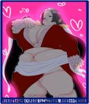  black_hair blush boa_hancock breasts brown_eyes chubby cleavage fat hair large_breasts navel one_piece pocharu text thick_thighs thighs translation_request 
