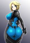  1girl ass backboob big_ass blonde blonde_hair blue_eyes bodysuit breasts butt erect_nipples from_behind highres hips huge_ass huge_breasts large_breasts looking_back muvluv muvluv_alternative muvluv_total_eclipse short_hair skin_tight solo stella_bremer thick_thighs thigh_gap thighs wakame wide_hips 