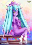  1girl ass bbmbbf blue_eyes blue_hair covering_breasts female_pokemon grin looking_at_viewer looking_back mareanie nintendo nude nude_female palcomix pokemon pokepornlive purple_skin yellow_sclera 