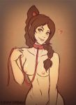  1girl :p avatar:_the_last_airbender bare_shoulders blush braid breasts brown_eyes brown_hair collar female_only heart k-y-h-u leash long_hair navel nipples no_bra nude shiny_skin single_braid smile solo_female tongue tongue_out topless ty_lee 