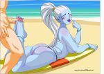  beach bikini dragon_ball_super dragon_ball_z feet footjob looking_at_viewer soles spaceman6331 toes vados 