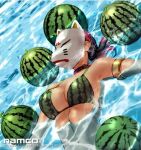  1girl alluring beach bikini cleavage kunimitsu kunimitsu_(tekken) kunoichi mature milf namco official_art swimming tekken tekken_2 tekken_tag_tournament water watermelon watermelon_print 