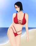 1girl aged_up alluring bare_legs bare_shoulders bikini blue_sky boruto:_naruto_next_generations breasts day eyewear female_only glasses hand_on_thigh leasavit light-skinned_female light_skin long_hair looking_at_viewer midriff naruto naruto_(series) ocean outdoor parted_bangs red-framed_glasses red_bikini sarada_uchiha shiny shiny_hair shiny_skin shore skindentation solo_focus standing sunlight swimsuit water wide_hips
