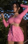 1futa 3d arm_up big_breasts choker clothed clothing collar depth_of_field erect_penis erection futa_only futanari huge_cock lace nipple_bulge nipples_visible_through_clothing no_bra one_arm_up outdoor outdoors outside penis_under_clothes penis_under_skirt pink_dress ponytail see-through skirt solo_futa standing suefantasy3dx wardrobe_malfunction