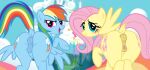  2_girls anus ass blush fluttershy friendship_is_magic green_eyes long_hair looking_at_viewer looking_back multicolored_hair my_little_pony pink_hair pussy rainbow_dash red_eyes smile tail 