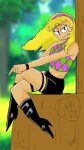  aged_up black_boots black_shorts blonde_hair bodysuit boots disguise disney forest forest_background high_heel_boots kendall_perkins kick_buttowski:_suburban_daredevil looking_at_viewer shorts sitting skinsuit striped_tank_top tank_top wood 