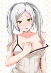  1girl 1girl 1girl alluring blush breasts brown_eyes camisole female_only fire_emblem fire_emblem_awakening light-skinned_female light_skin looking_at_viewer open_mouth polka_dot_background robin_(fire_emblem) robin_(fire_emblem)_(female) strap_slip tagme twin_tails white_hair yakuryo 
