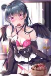 1girl black_gloves blue_hair blush bow bow_bra bra breasts cake candle candlestand candy chocolate clothes_lift collarbone demon_wings elbow_gloves food frilled_gloves frills gloves hair_bun halterneck heart heart-shaped_chocolate indoors long_hair looking_at_viewer love_live! love_live!_sunshine!! medium_breasts mouth_hold open_clothes open_shirt open_skirt panties petals pink_bra pink_panties red_eyes single_side_bun skirt skirt_lift strapless strapless_bra tipii tsushima_yoshiko underwear valentine window wings