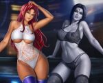  1girl 2_girls abs alternate_breast_size belly belly_button big_breasts black_lingerie breasts cleavage cleavage_cutout dc_comics female_only flowerxl lingerie long_hair looking_at_viewer nipples_visible_through_clothing older older_female pinup raven_(cosplay) raven_(dc) red_hair short_hair smooth_skin starfire starfire_(cosplay) stockings teen_titans thick_thighs thighs under_boob white_lingerie wide_hips young_adult young_adult_female young_adult_woman 
