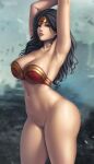 1girl alternate_version_available arms_up big_breasts black_hair bottomless bottomless_female bra breasts dc_comics demi_god diana_prince female_focus female_only flowerxl high_res high_resolution long_hair pussy solo_female superheroine tagme uncensored wonder_woman wonder_woman_(series)
