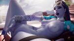  1girl big_breasts blue_hair bouncing_ass bouncing_breasts brown_eyes bubble_butt finger_in_pussy fingering fingering_pussy fpsblyck masturbation missionary_position moaning overwatch shaved_pussy spread_legs thick_thighs widowmaker widowmaker_(overwatch) 