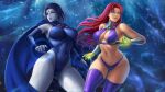1girl 2_girls 5_fingers alien alien_girl alternate_version_available belly_button belt big_breasts bikini bikini_bottom bikini_top blue_eyes blue_hair boots bracelet bracelets breasts cape cleavage clothed clothed_female clothes clothing collar color colored curvaceous curvy curvy_figure dark_hair dc_comics eyelashes eyeshadow female_only flowerxl forehead_jewel glowing_eyes green_eyes grey_skin hair hourglass_figure humanoid leotard lesbian_couple lipstick long_hair looking_away makeup medium_hair midriff multiple_females multiple_girls navel no_bra no_panties no_underwear older older_female open_eyes orange_skin outfit purple_lips purple_lipstick purple_thighhighs raven_(dc) red_hair revealing_clothes round_ears simple_background skimpy_clothes starfire stockings stomach straight_hair superhero_costume superheroine swimsuit tamaranean teen_titans teeth thick_thighs thin_waist tight_clothing uncensored uniform very_long_hair voluptuous wide_hips young_adult young_adult_female young_adult_woman
