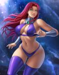 1girl 2020 5_fingers alien alien_girl alternate_version_available big_breasts boots breasts cleavage clothing dc_comics deviantart eyebrows eyelashes female_only flowerxl green_eyes hair humanoid humanoid_hands koriand&#039;r long_hair older older_female panties pinup red_hair redhead starfire stockings tamaranean teen_titans thick_thighs wide_hips young_adult young_adult_female young_adult_woman