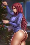 1girl ass bottomless bottomless_female breasts christmas christmas_sweater christmas_tree dc_comics female_focus female_only flowerxl hair_down koriand&#039;r looking_at_viewer older older_female solo_female starfire sweater teen_titans thong young_adult young_adult_female young_adult_woman