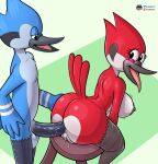  1boy 1girl anal anal_sex anthro anthro_on_anthro anthro_penetrated anthro_penetrating anthro_penetrating_anthro ass avian balls big_ass big_penis bird black_penis blue_body blue_feathers blue_jay breasts bubble_butt cardinal_(bird) cartoon_network chair corvid dat_ass duo feathers female female_penetrated fours_(artist) furniture genitals hand_on_hip high_res huge_ass jay_(bird) looking_pleasured male male/female male_penetrating male_penetrating_female margaret_smith_(regular_show) mordaret mordecai_(regular_show) new_world_jay nipples nude oscine passerine penetration penis pussy red_body red_feathers regular_show sex sideboob straight tongue tongue_out 