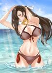  1girl 1girl 1girl absurd_res alluring alternate_costume bare_shoulders big_breasts bikini blue_sky breasts brown_bikini brown_eyes brown_hair brown_swimsuit cleavage commentary commission cowboy_shot female_only fire_emblem fire_emblem_fates high_res kagero_(fire_emblem) kousetu0506 long_hair looking_at_viewer navel nintendo parted_lips partially_submerged red_bikini skeb_commission sky swimsuit tying_hair water 