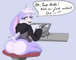  1girl 1girl anthro ass chair clothing drawing english_text erootter eyelashes fur furniture furry genitals half_naked hoodie hunibun hunicast lagomorph leporid long_ears looking_at_viewer mammal multicolored_body multicolored_fur pussy rabbit tablet text topwear 