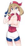  1girl bad_anatomy bandanna bike_shorts blue_eyes breasts breasts_outside brown_hair gloves haruka_(pokemon) nipples pokemon solo wigglytuff_(pokeacc) 