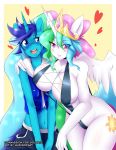  2014 anthro big_breasts bikini blue_hair breasts cleavage clothed clothing cutie_mark duo equine female friendship_is_magic fur furry hair heart horn huge_breasts long_hair looking_at_viewer male mammal mleonheart multicolored_hair my_little_pony navel original_character princess_celestia_(mlp) sling_bikini smile swimsuit unicorn white_fur winged_unicorn wings 