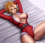  1girl absurd_res bed belt big_breasts blizzard_entertainment blonde_hair blue_eyes breasts christmas cleavage dress female_focus female_only flowerxl hands_behind high_res looking_at_viewer lying lying_on_bed mercy_(overwatch) on_back overwatch ponytail santa_costume santa_dress sideboob smile stockings toned video_game_character 