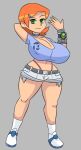  1girl ben_10 breasts cartoon_network clothed clothing domo-sensei female_focus female_only green_eyes gwen_tennyson huge_breasts looking_at_viewer nipple_bulge orange_hair rexcrash64 short_shorts shortstack smile thick_thighs thong wide_hips 