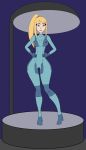  1girl blonde_hair blue_eyes blush covering covering_breasts covering_crotch embarrassed enf gif human nude samus_aran teleport zero_suit 