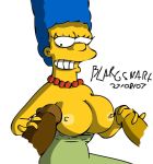 1girl 2007 2boys artist_name big_breasts blargsnarf blue_hair breasts cartoon_milf double_handjob female_focus hair handjob interracial marge_simpson nipples penis simple_background solo_focus the_simpsons topless topless_female unseen_male_face white_background yellow_skin