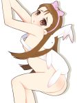  1girl :o armpits arms_up ass backpack bag blush bow brown_hair from_side hair_bow hairband idolmaster iori_minase kneepits kurappii long_hair looking_at_viewer looking_to_the_side minase_iori nude open_mouth pink_bow red_eyes simple_background solo very_long_hair white_background 