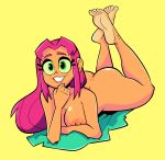  dc_comics green_eyes herny_the_duck looking_at_viewer lying nude on_stomach pink_hair starfire tagme teen_titans teen_titans_go 