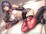 1280x960 1girl adapted_costume blue_hair boots breasts character_name cleavage elbow_gloves final_fantasy final_fantasy_vii gloves kuratch long_hair low-tied_long_hair midriff nipple_slip nipples red_eyes red_legwear solo thighhighs tifa_lockhart wallpaper