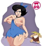  1boy 1girl barney_rubble betty_rubble big_breasts black_hair breast_out_of_clothes breasts brunette clothed dress exposed_breasts female flashing large_areolae male nipples the_flintstones thighs 
