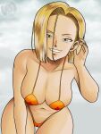 1girl 1girl 2024 20s alternate_version_available android_18 artist_signature bikini blonde blonde_female blonde_hair blue_eyes breasts dragon_ball dragon_ball_z earring looking_at_viewer looking_down megasweet smile solo_female solo_focus